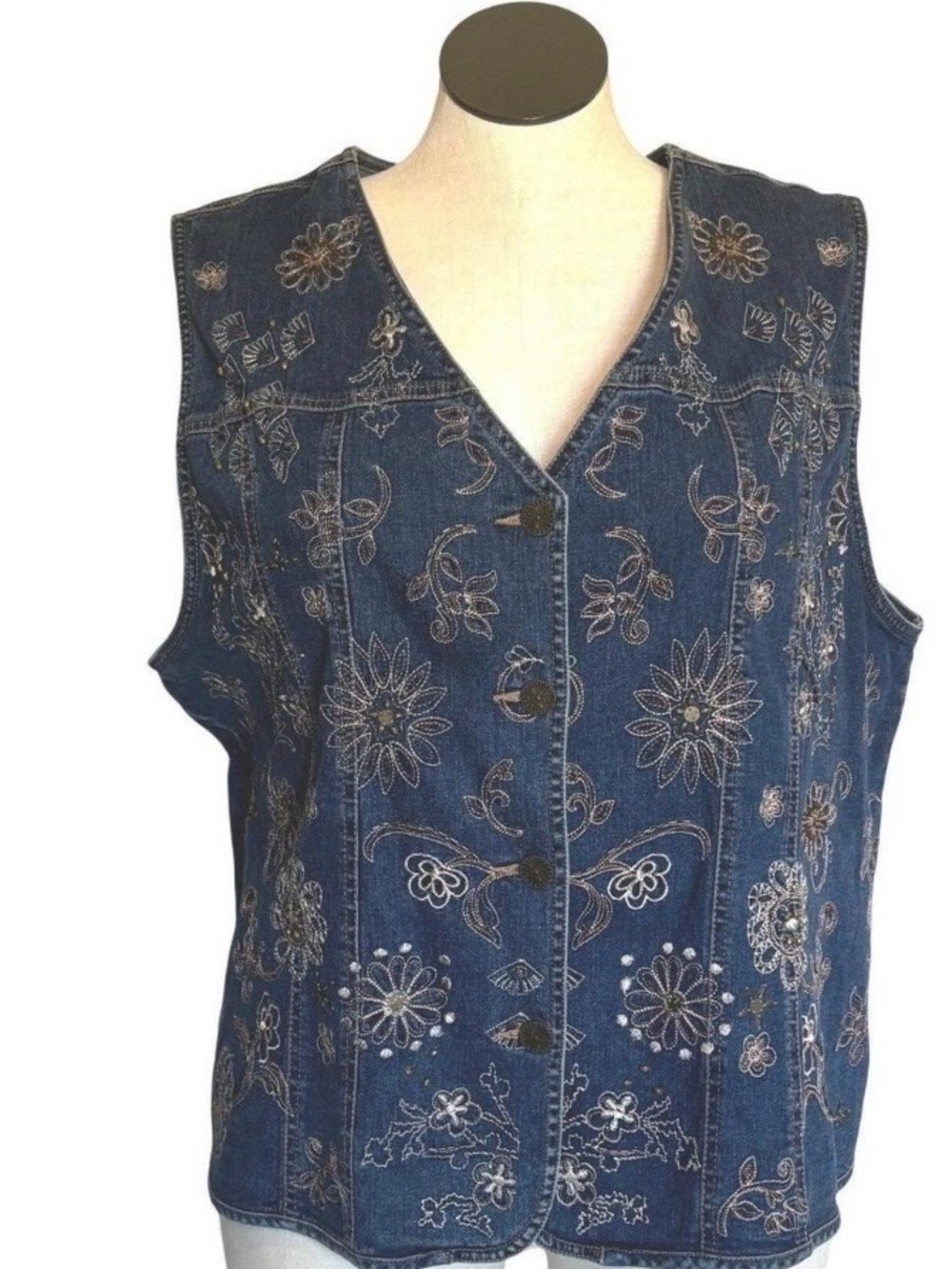 Embroidered Denim Vest - Blue - Size XL - GUC